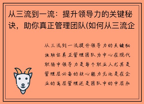 从三流到一流：提升领导力的关键秘诀，助你真正管理团队(如何从三流企业上升到二流企业)